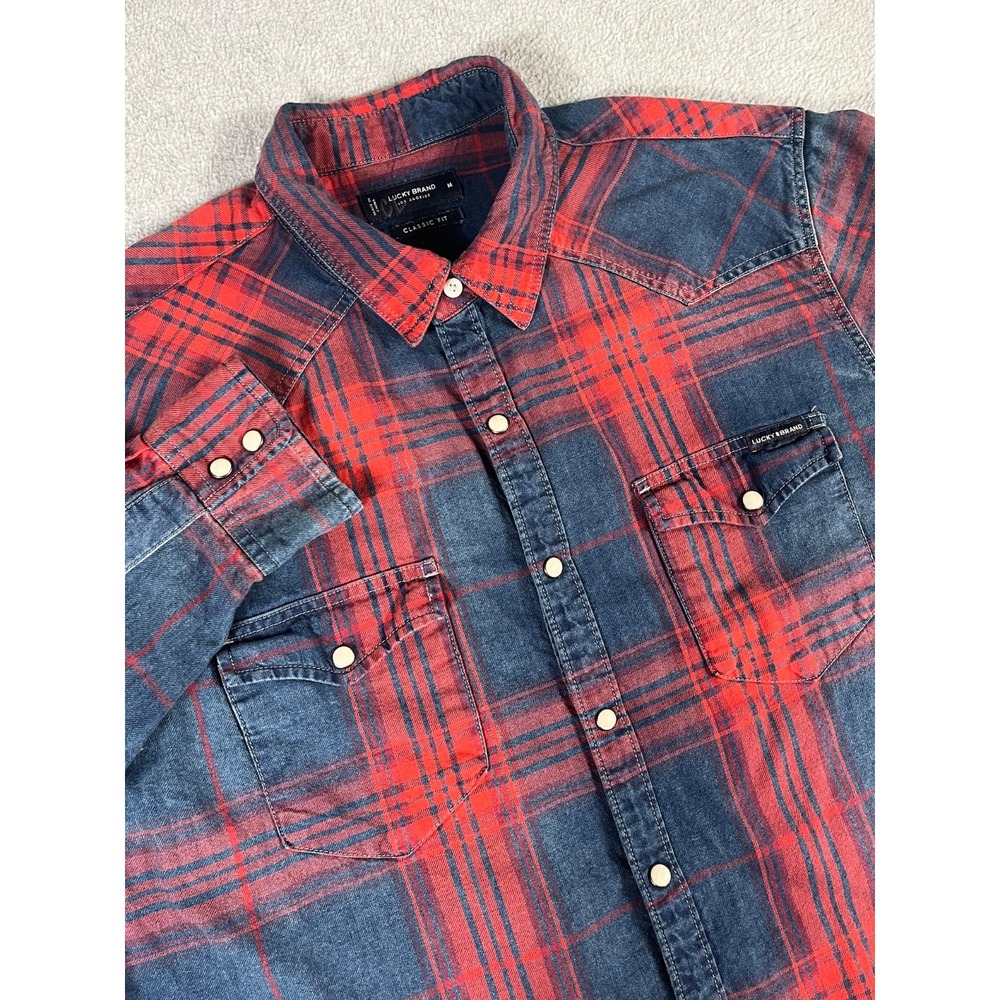 Lucky Brand Pearl Snap Shirt Men M Blue Red Plaid Western Classic Fit 100%Cotton